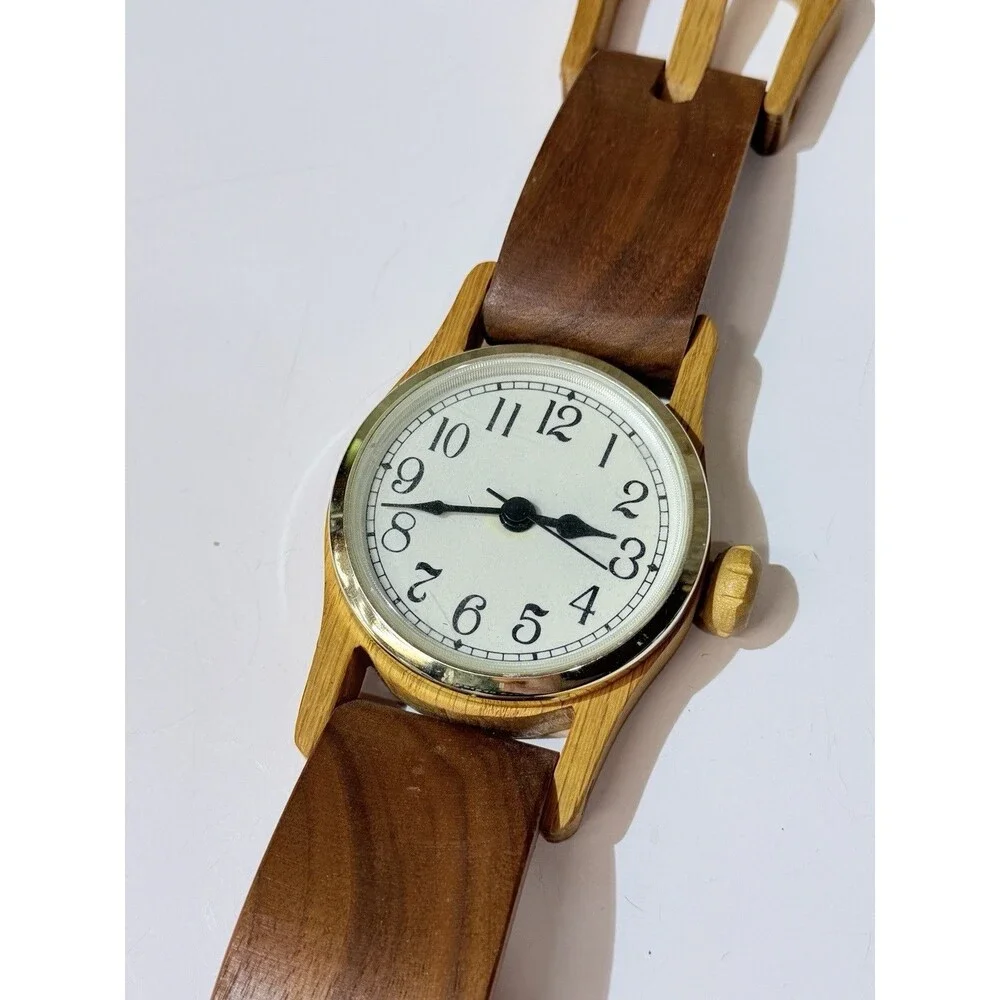 15” Wooden Wrist Watch Shaped Wall Clock Stained Wood Battery Quartz